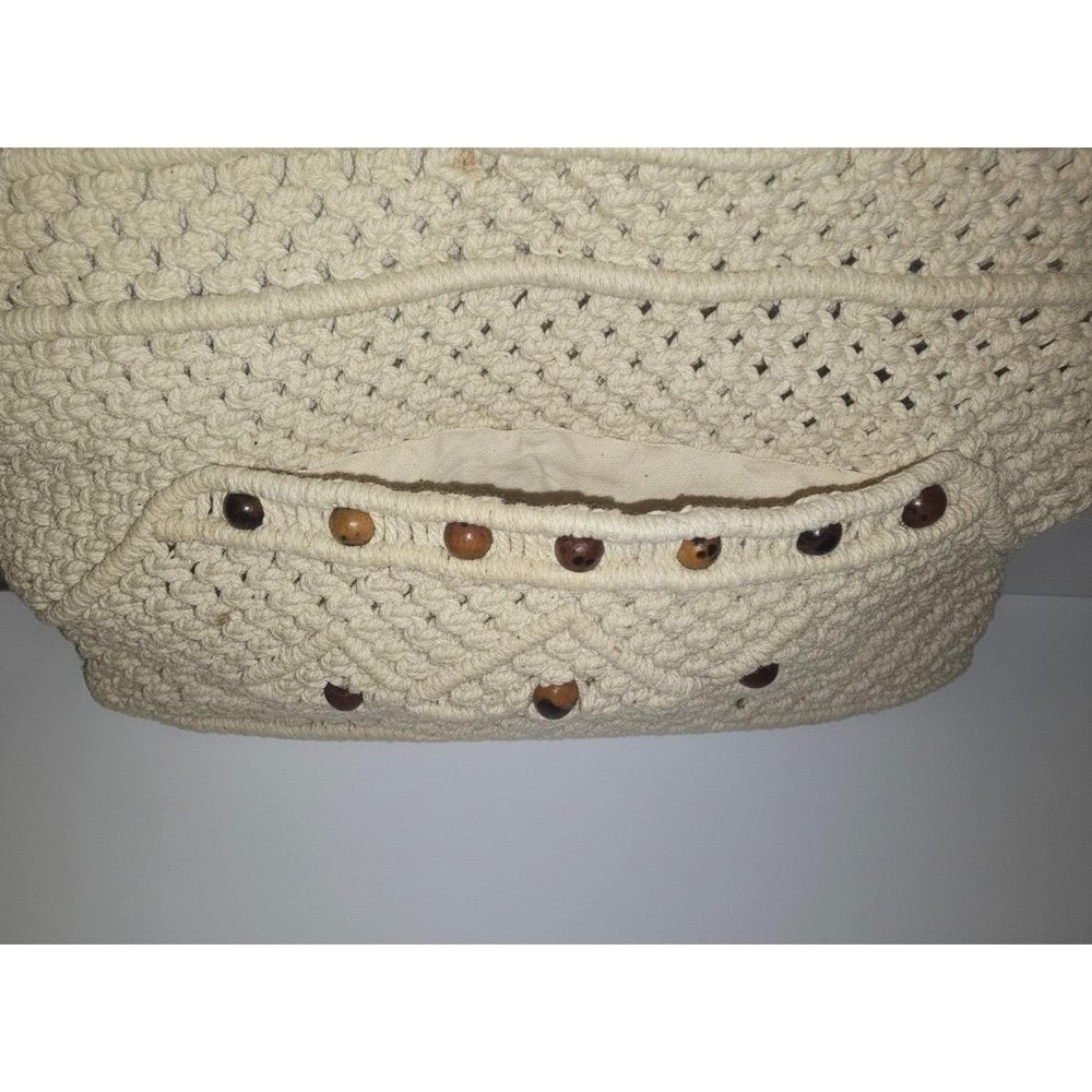 Vintage 70s Macrame bag Cream Ivory Wood Bead Made in People's Republic of China